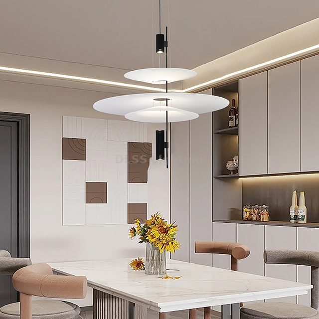 Interiors Art Lamp Round Flat Acrylic Two tier LED Pendant Lamp with Black or Copper Color Metal