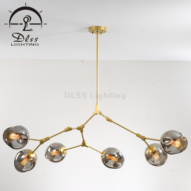 Modern Gold Pendant Light Smoky Glass Chandelier with 6 Lights Fixture Hanging Flush Mount 