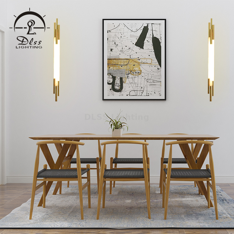 DLSS LED Gold Metal White Glass Group of Pipes Linear Art Chandelier