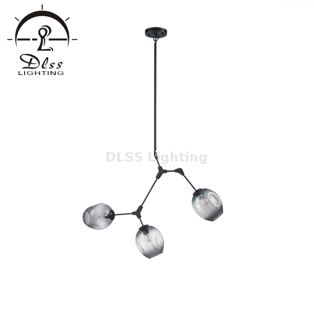 Modern Black Pendant Light Glass Chandelier Hanging Flush Mount (3 Heads-Smoky)