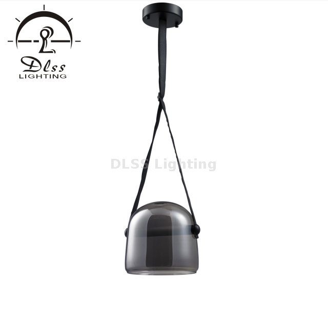 Retro Pendant Lighting, Industrial Small Hanging Light with Smoky Glass and Artificial Leather Cord