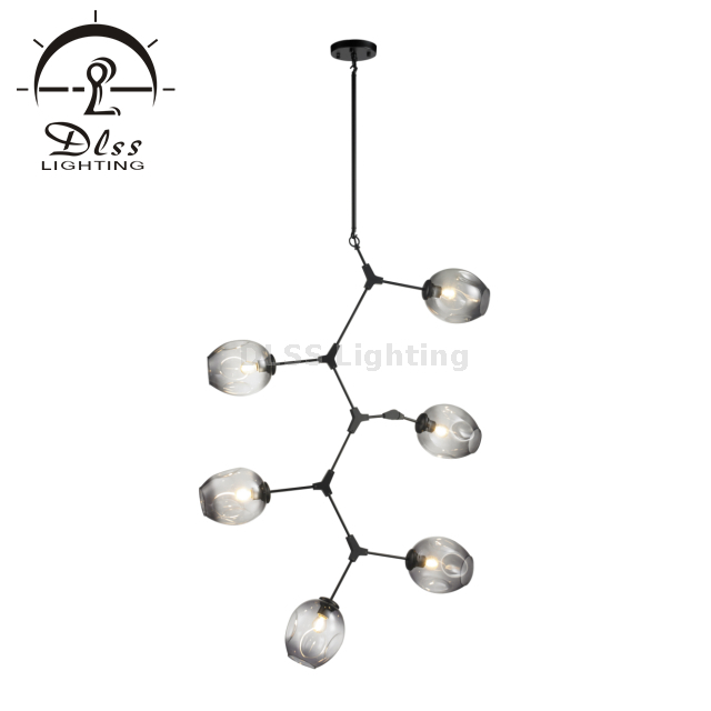 Light Collection Black Metal Smoky Glass Branch Vertical Chandelier