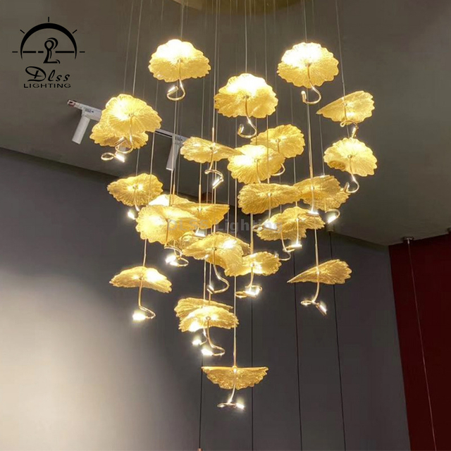 Modern Chandelier High Ceiling Chandelier Foyer Staircase Silver Leaves Ceiling Light Fixture Villa Spiral Pendant Light for Living Room Entryway Round