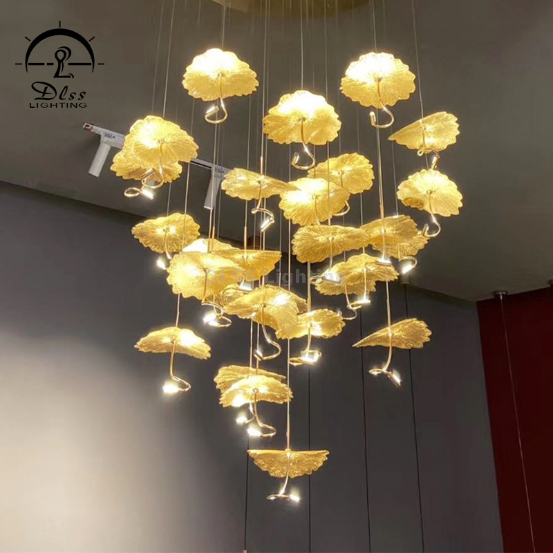 Modern Chandelier High Ceiling Chandelier Foyer Staircase Silver Leaves Ceiling Light Fixture Villa Spiral Pendant Light for Living Room Entryway Round